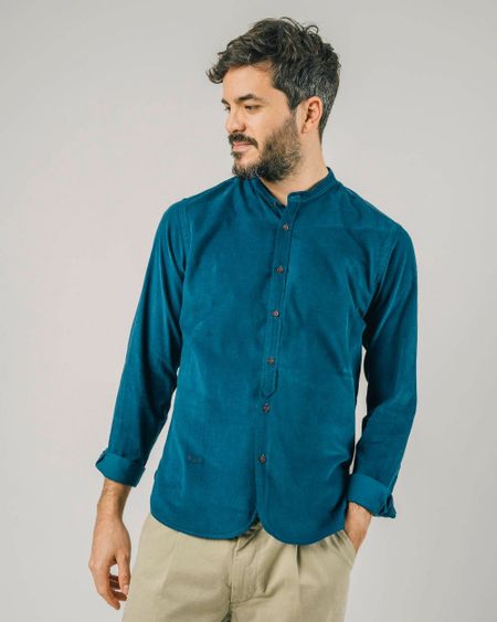 Chemise mao bleue en velours de coton bio - baby cord japan mao shirt petrol blue