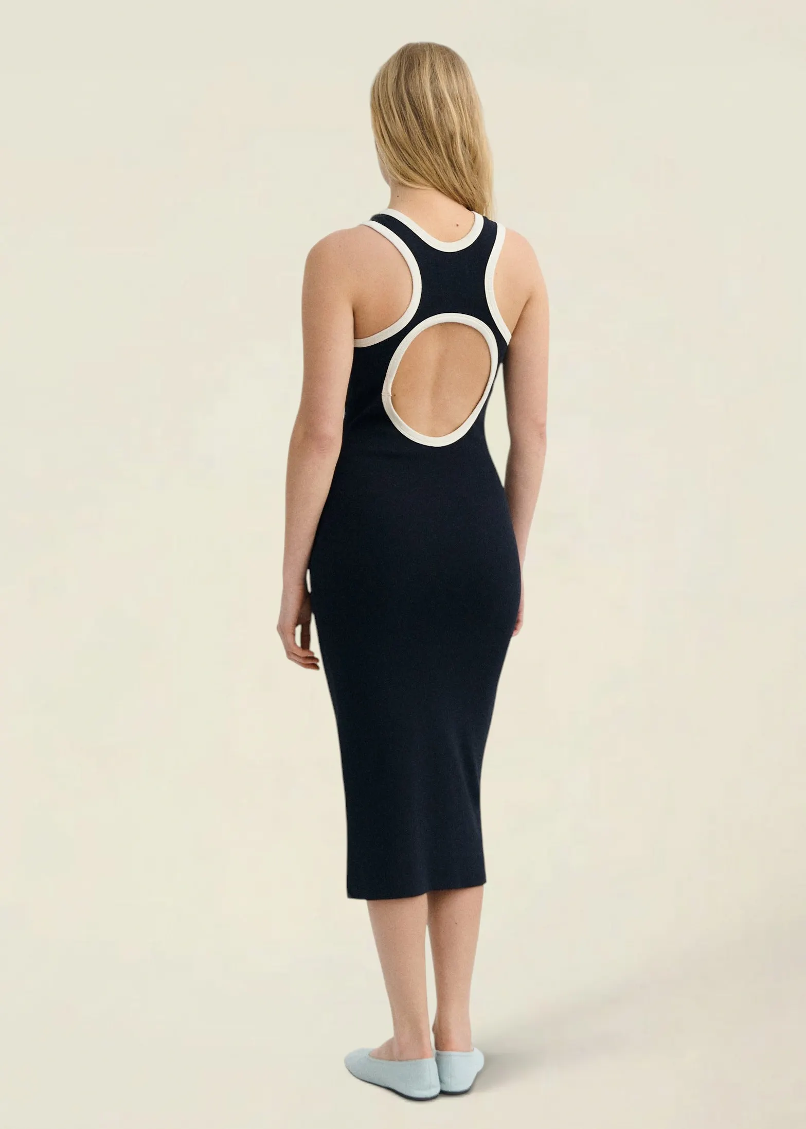 Robe longue en coton bio | marine "Navy pannacota contrast doechi dress - blue", Thinking Mu, photo 1