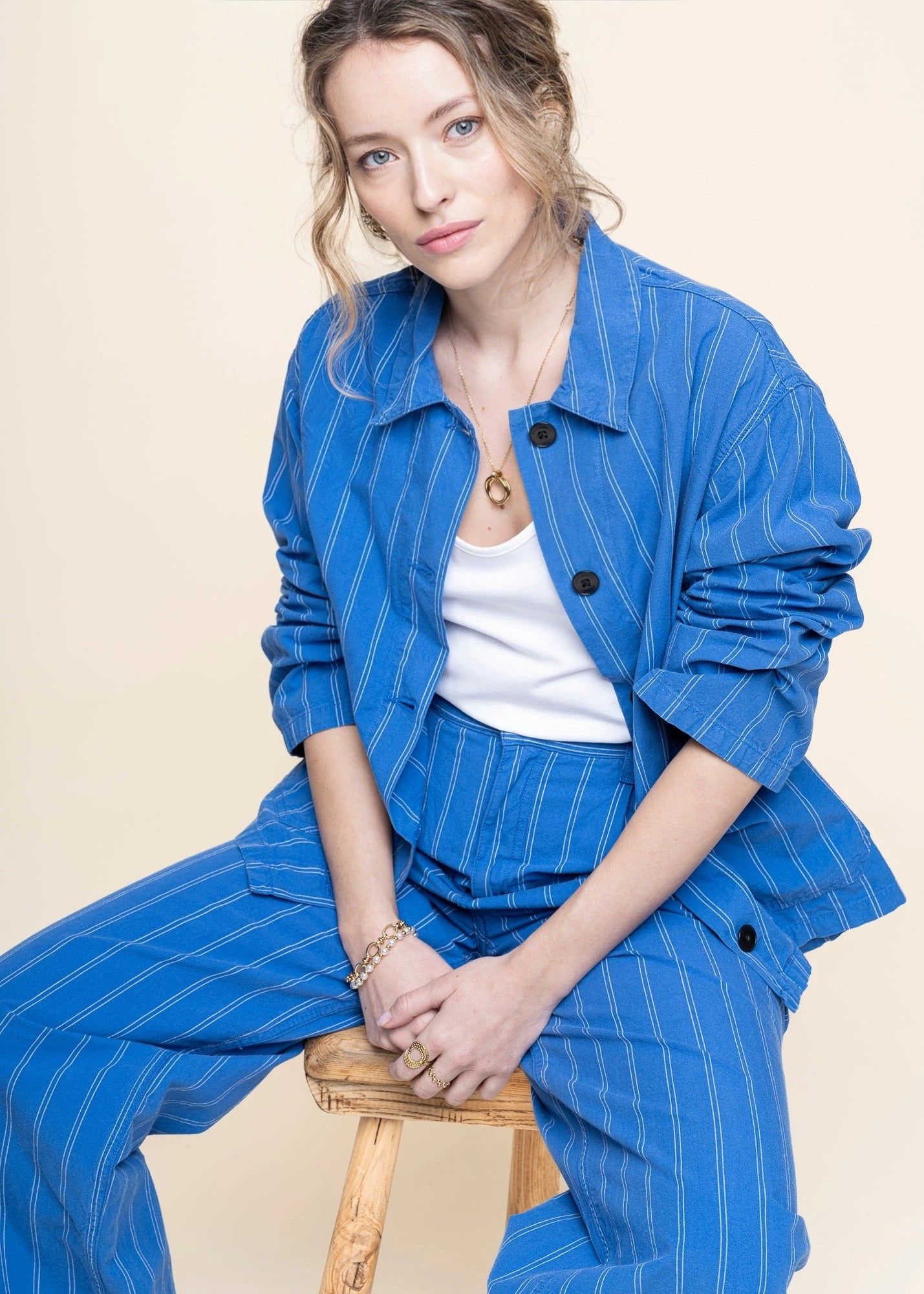 Pantalon ample rayé en coton bio | bleu "gullan striped workwear pants - blue/offwhite", Nudie Jeans, photo 4