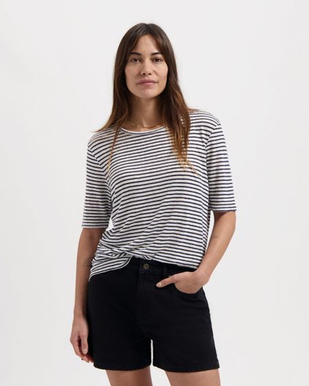 T-shirt en lin et coton bio | rayé blanc et marine "olivia striped t-shirt white-indigo"