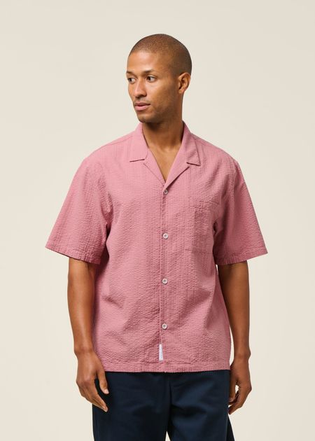 Chemise manches courtes en seersucker coton bio | rose "bowling shirt - pink stone" - Rotholz