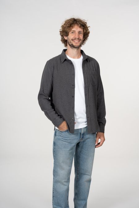 Chemise grise en flanelle de coton bio - larch dark grey melange, Knowledge Cotton Apparel, photo 3