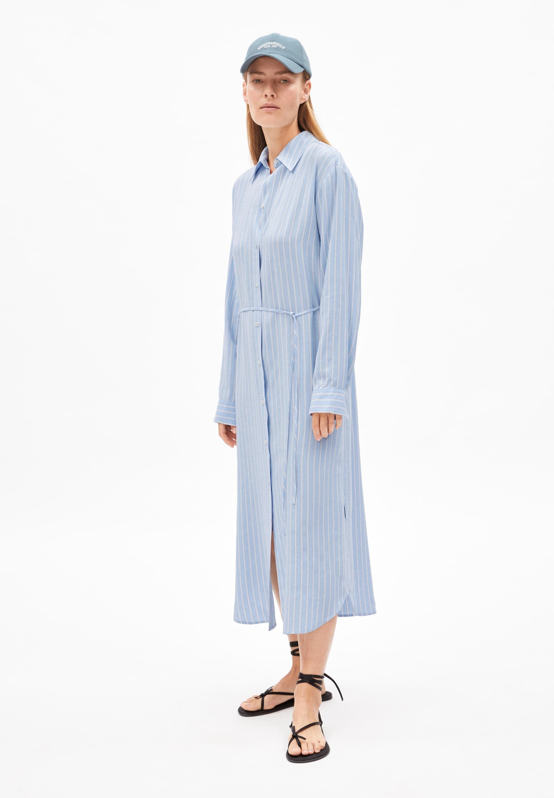 Robe chemise longue en viscose ecovero et lin | bleu "mathaa lino stripes - silky blue-morning sky", Armedangels, photo 1