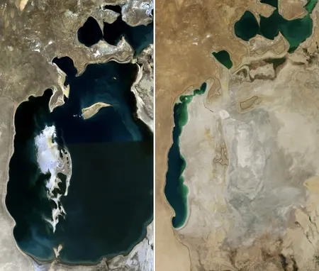 La mer d'Aral, avant et après le détournement de ses principales affluents pour l'irrigation des champs de coton. | © Wikipédia
