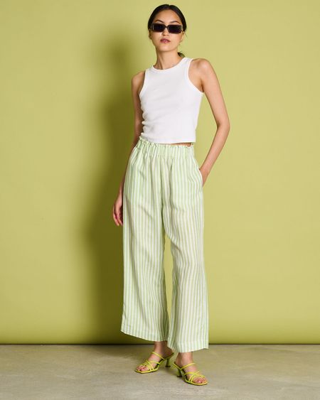 Pantalon bicolore à rayures en lin et cupro - beveren matcha striped