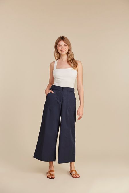 Pantalon ample 7/8 marine en coton bio - iva trousers navy, People Tree, photo 4