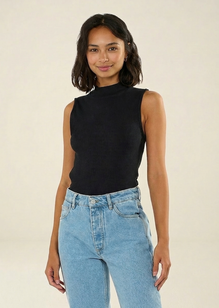 Débardeur côtelé noir en coton bio - high neck rib top black jet - Knowledge Cotton Apparel