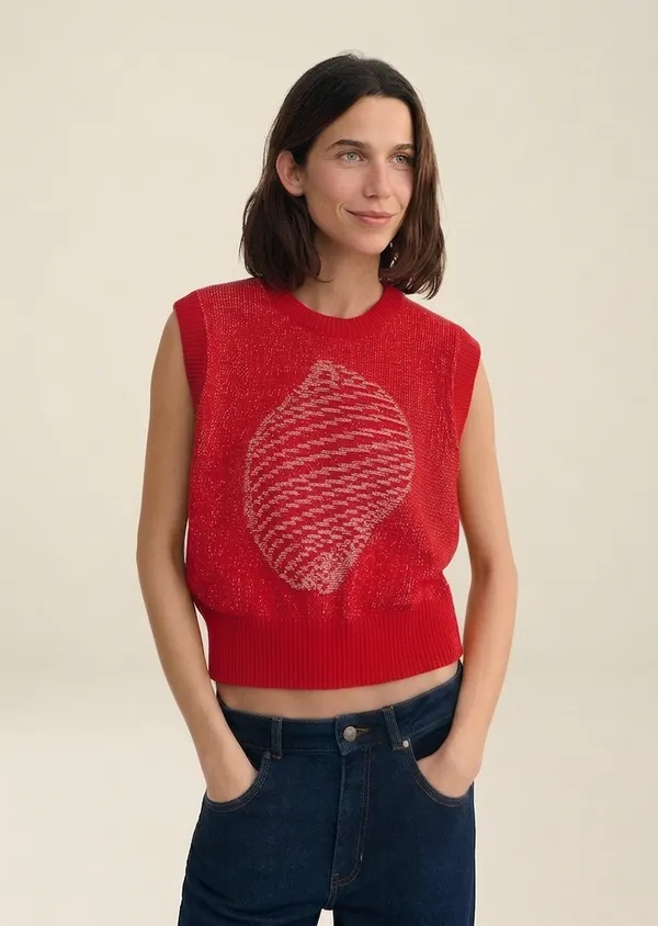 Pull sans manches en coton et matière recyclées | shell red aria knitted vest - red, Thinking Mu