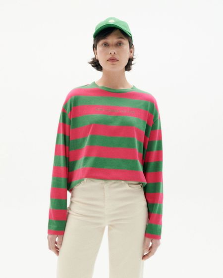 T-shirt rose et vert rayé en coton bio - pink stripes emily multicolor