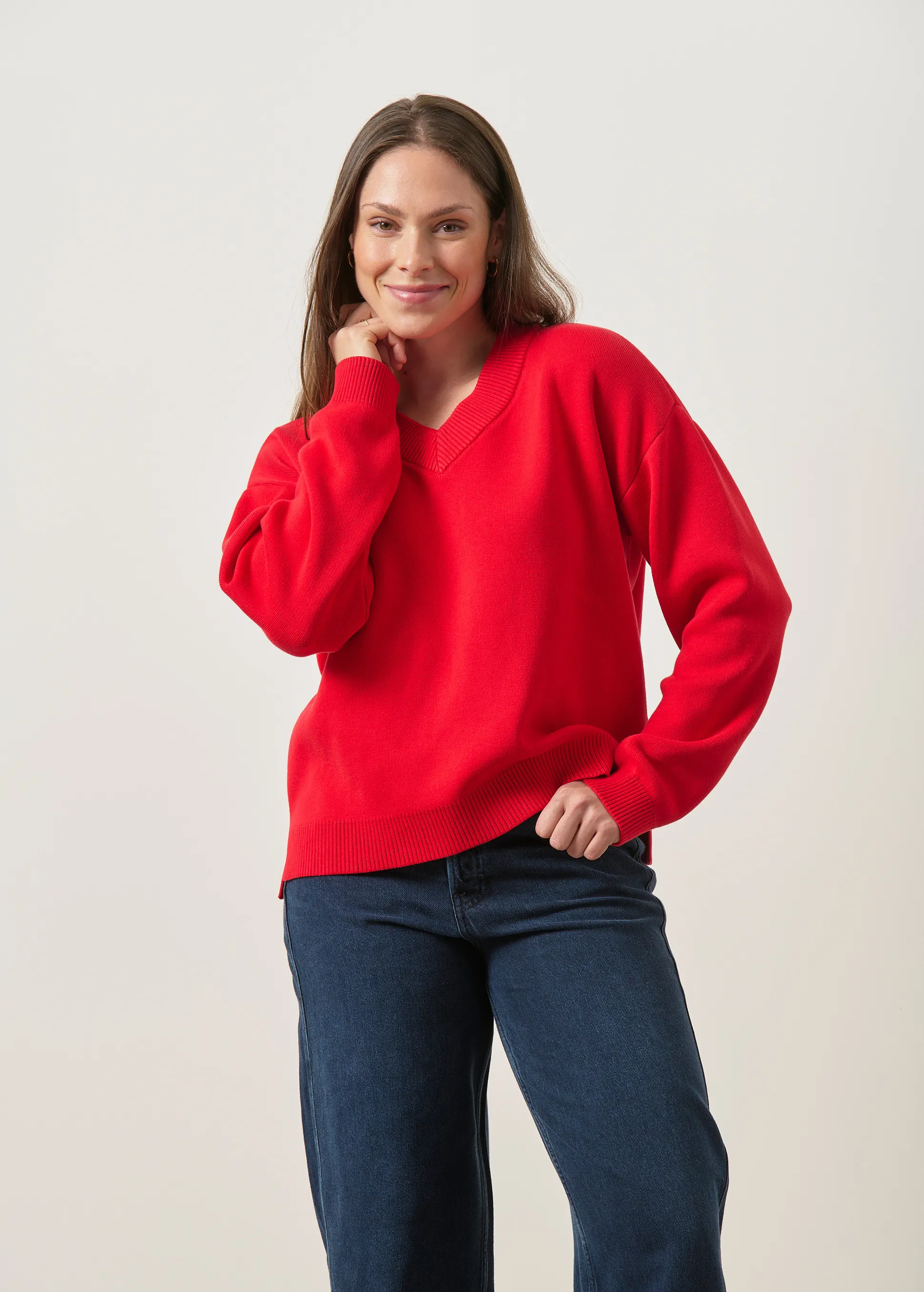 Pull interlock col v en coton bio | rouge - rouge, WeDressFair, photo 1