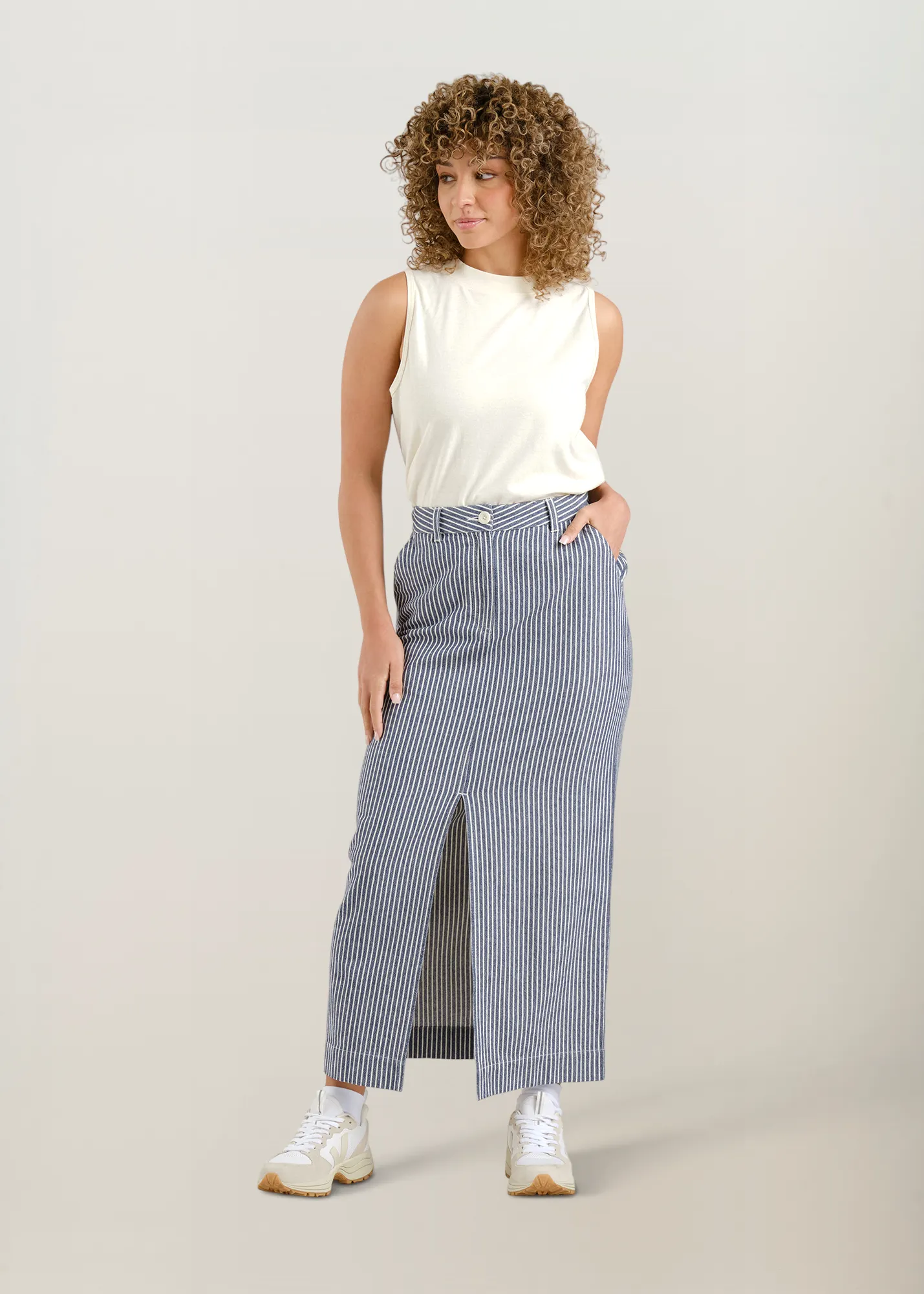 Jupe longue denim en coton bio | rayé "Skirt finsta work stripe blue", Dedicated, photo 4