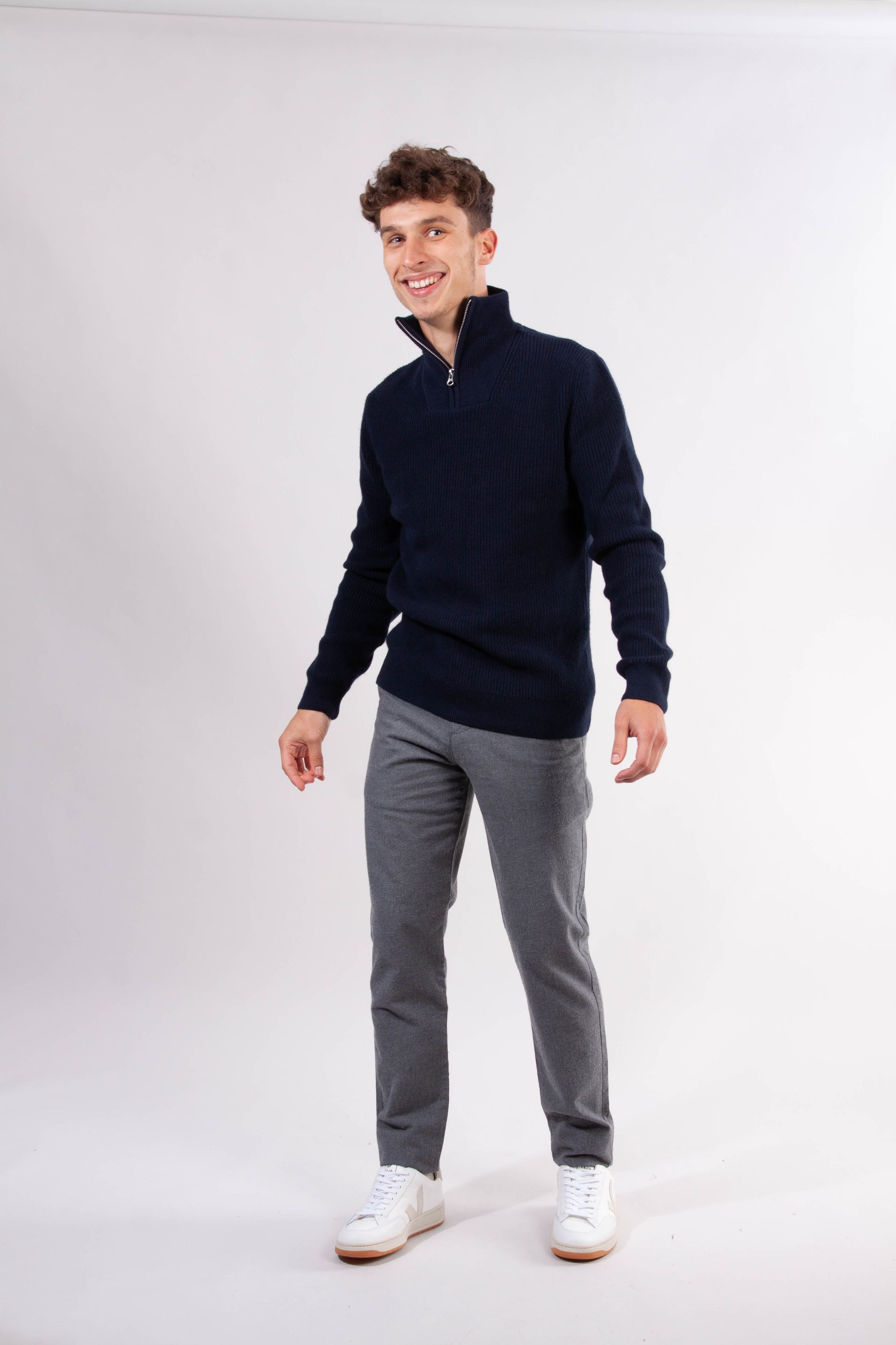 Pull col zippé marine en coton et laine bio - valley, Knowledge Cotton Apparel, photo 3