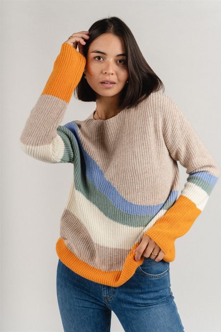 Pull ample maille multicolore en coton et laine bio - miyaa multicolor light caramel melange