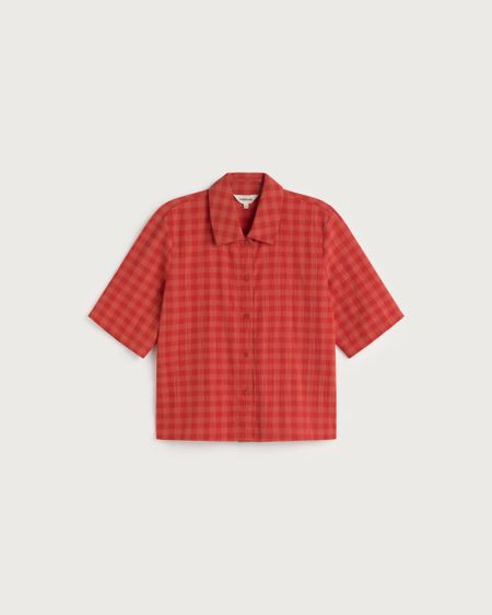 Chemise manches courtes seersucker en coton bio | rouge "red checks seersucker ane blouse" - Thinking Mu