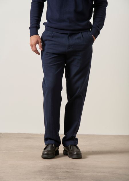 Pantalon ample en coton bio | bleu "fig comfort herringbone pants night sky", Knowledge Cotton Apparel