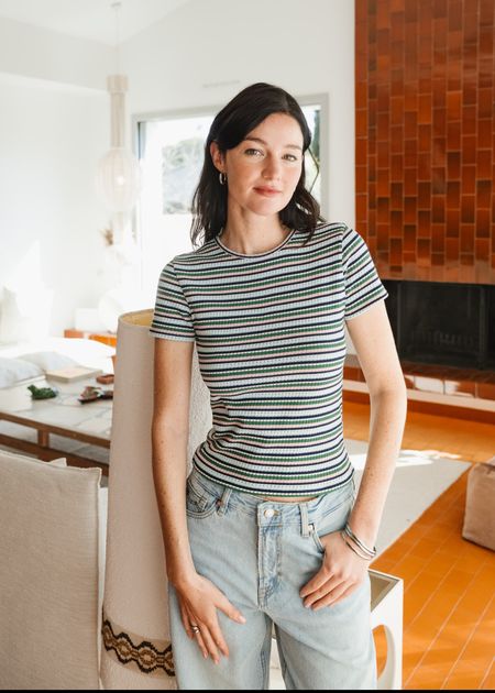 T-shirt rayé en pointelle côtelée upcyclée | multicolore