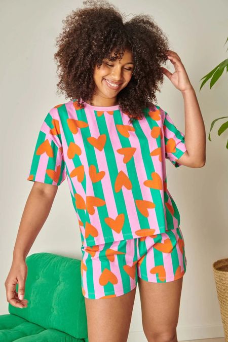 Pyjama en coton bio | coeurs rayures - vert