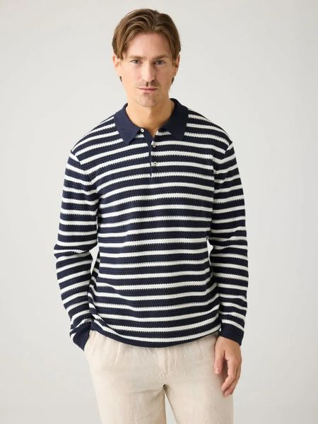 Pull en coton bio | marine rayé "striped knitted polo navy" - Knowledge Cotton Apparel