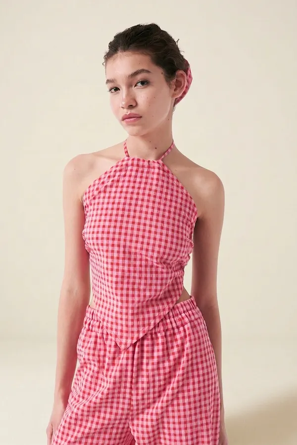 Top en coton bio et matière recyclée | vichy rose rouge "Crush backless top - vichy red pink", AMT Studio