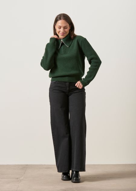 Pull zippé col en laine mérinos | vert "Green tanit knitted sweater - green", Thinking Mu, photo 4