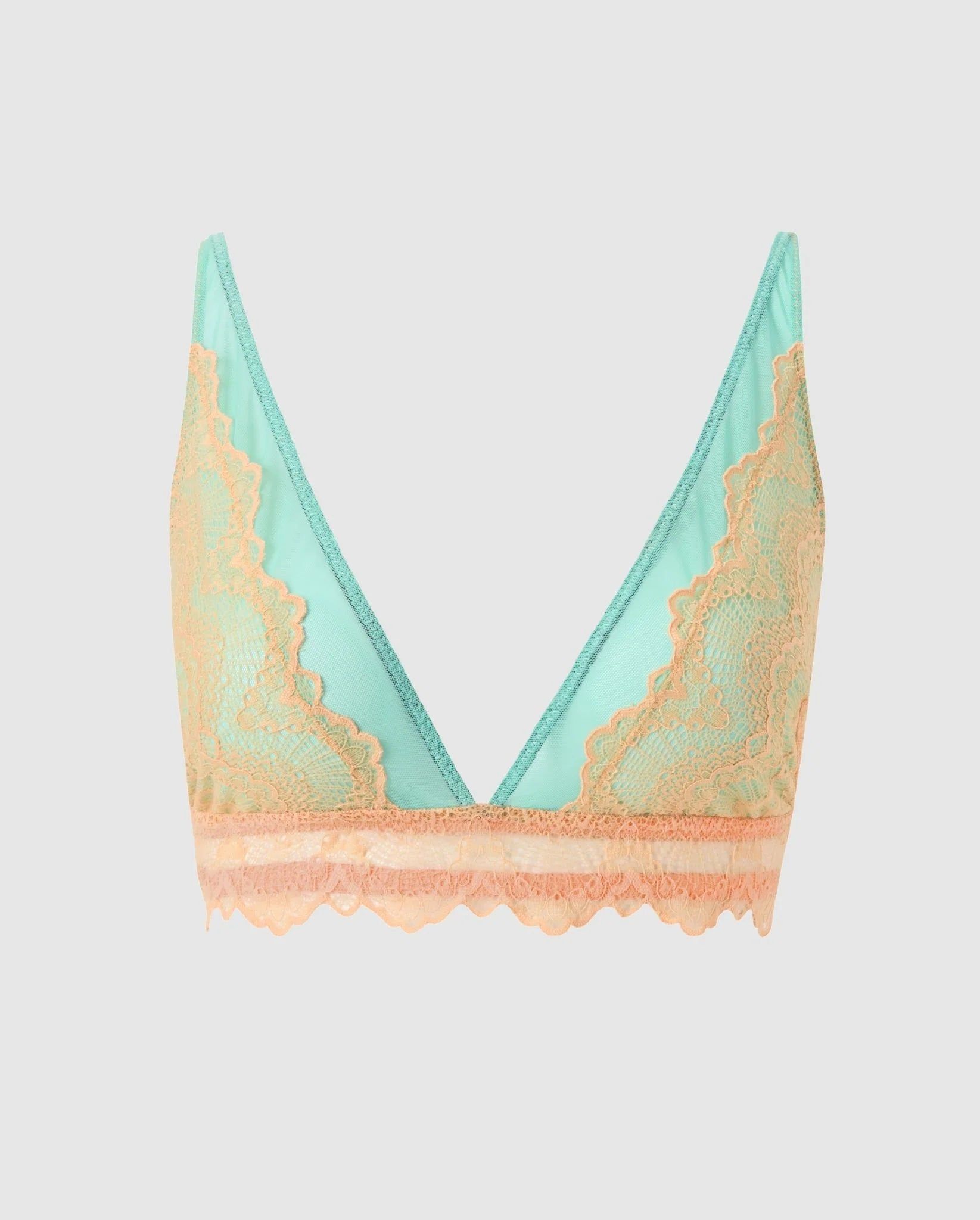 Soutien gorge triangle en matière recyclée | bicolore lace mesh plunge bralette - peach / turquoise, Understatement, photo 5