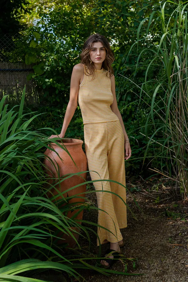 Pantalon ample en coton bio | rayé jaune et blanc "ribbed lounge pant yellow/sand stripe", Rotholz