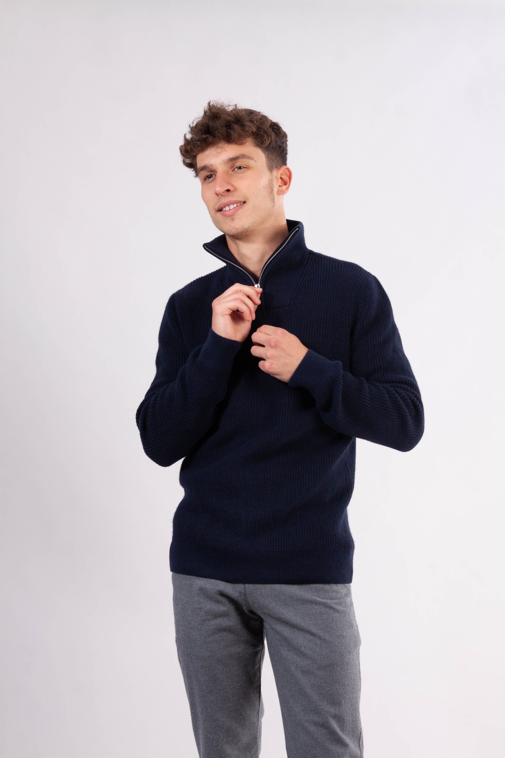 Pull col zippé marine en coton et laine bio - valley, Knowledge Cotton Apparel, photo 1