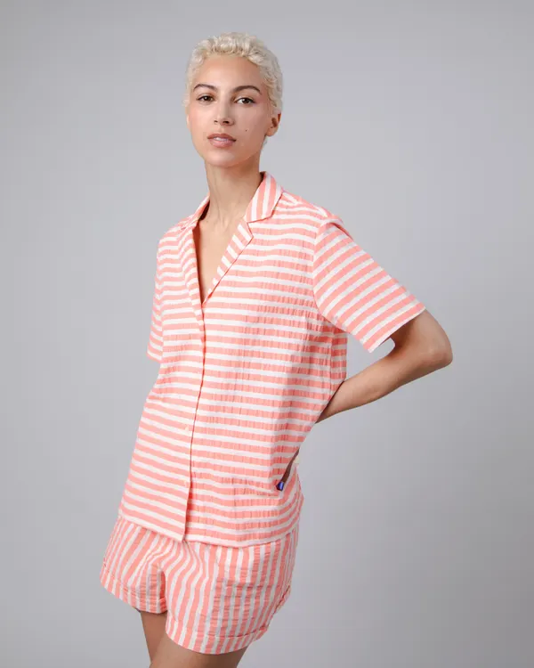 Chemisette en coton bio et recyclé | rayée rose "stripes aloha blouse vermillion red", Brava Fabrics