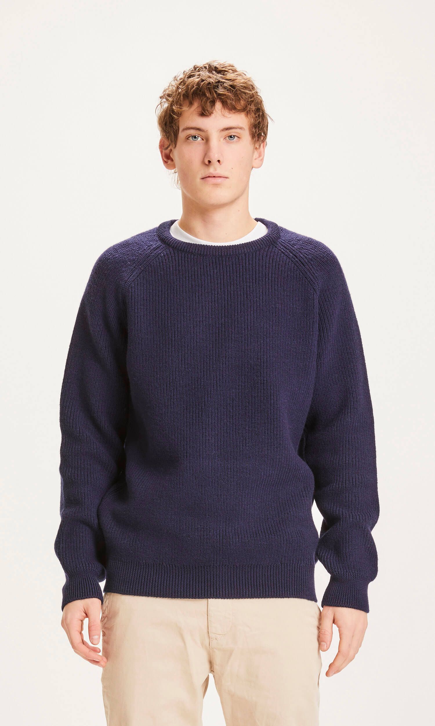Pull col rond bleu nuit en laine mérinos bio - valley o-neck, Knowledge Cotton Apparel, photo 1