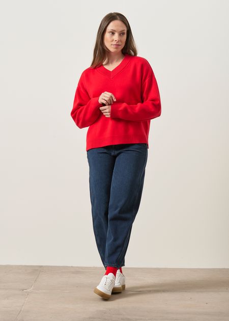 Pull interlock col v en coton bio | rouge - rouge, WeDressFair, photo 3