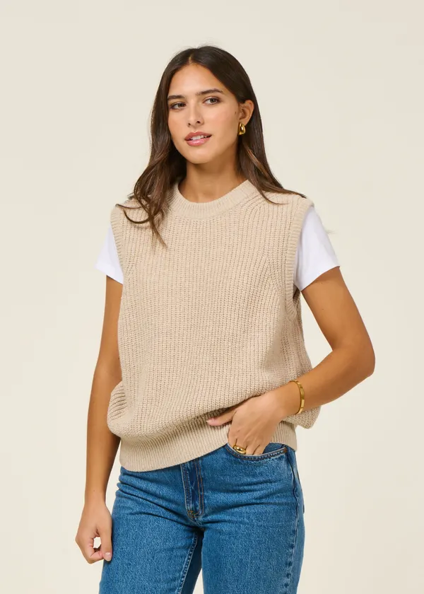 Pull sans manches en laine recyclée | écru "nimyo - fog", Kings of Indigo