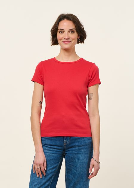 T-shirt manches courtes côtelé en coton bio | rouge, WeDressFair, photo 5