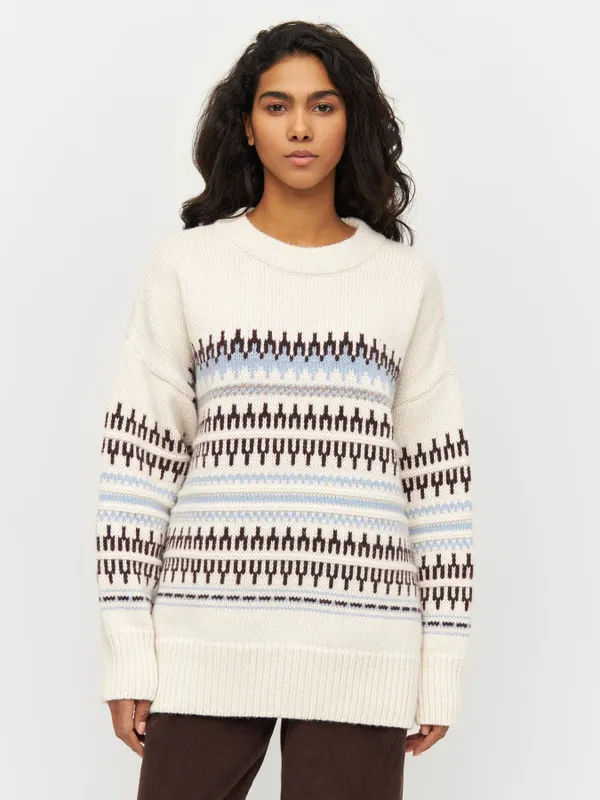 Pull en laine certifiée | blanc à motifs "wool pattern boxy white stripe", Knowledge Cotton Apparel