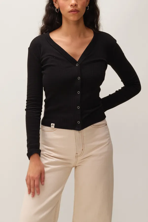 Gilet pointelle en coton upcyclé | noir "Dora", Nitah