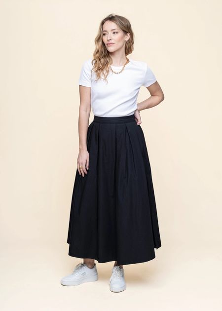 Jupe en coton biologique | noir "poplin pleated mid-length skirt - black jet"