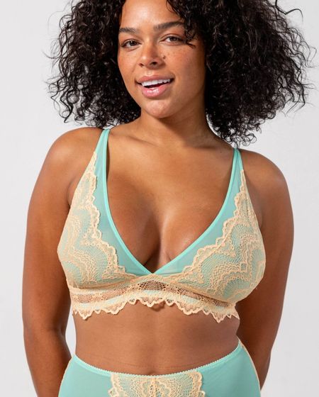 Soutien gorge triangle en matière recyclée | bicolore lace mesh plunge bralette - peach / turquoise, Understatement, photo 2