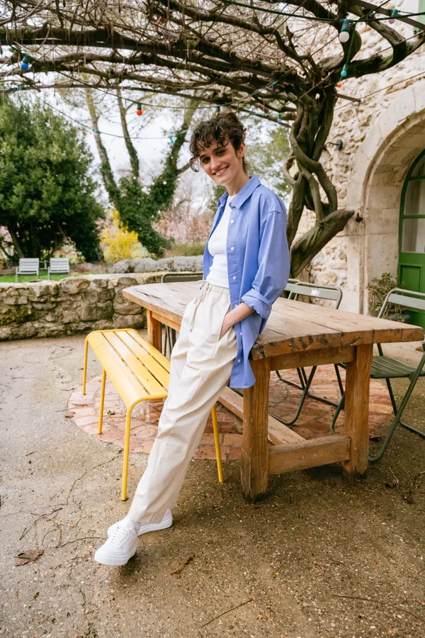 Pantalon droit léger en coton bio | beige "fog seacell esther pants", Thinking Mu