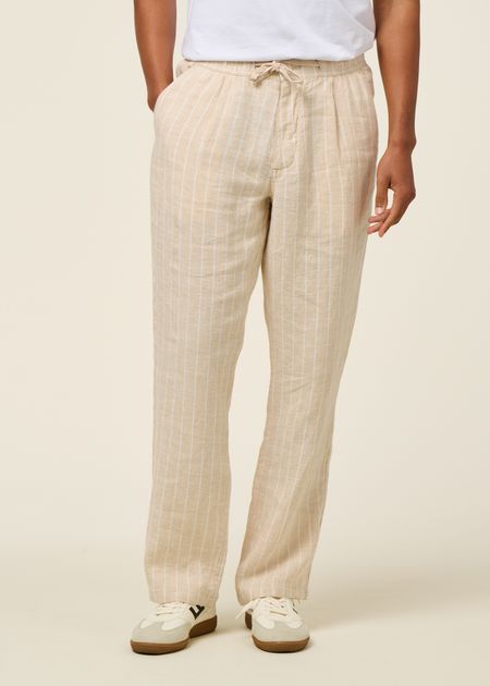 Pantalon large en lin bio | beige rayé "Fig organic linen striped pantcreme stripe" - Knowledge Cotton Apparel