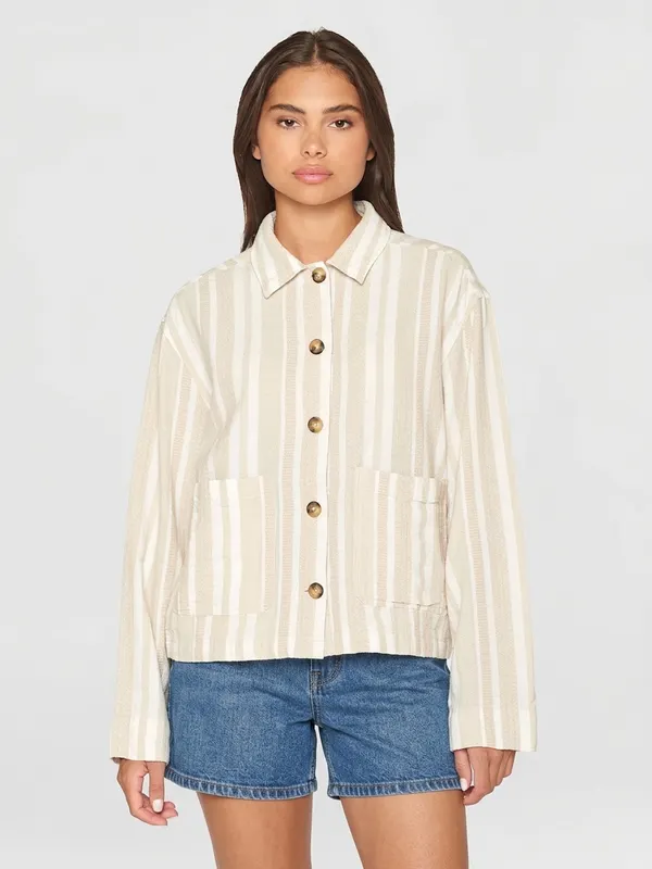 Veste légère en coton bio | rayé blanc et beige "jacquard woven overshirt beige stripe", Knowledge Cotton Apparel