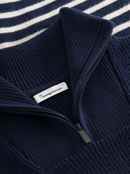 Pull col camionneur en laine bio | marine "1/2 neck zip merino wool rib knit blue stripe", Knowledge Cotton Apparel, photo 5