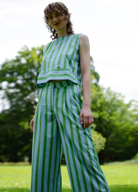 Top à rayures en coton bio | bleu/vert "sunshine retreat top - blue"