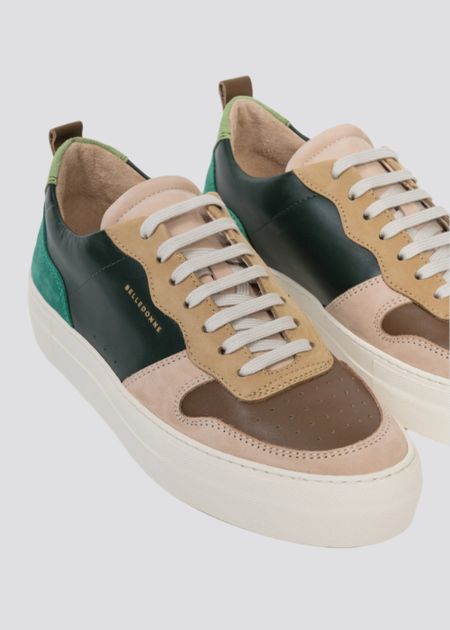 Baskets basses en cuir certifié | multicolore "playground patchwork green" - Belledonne Paris