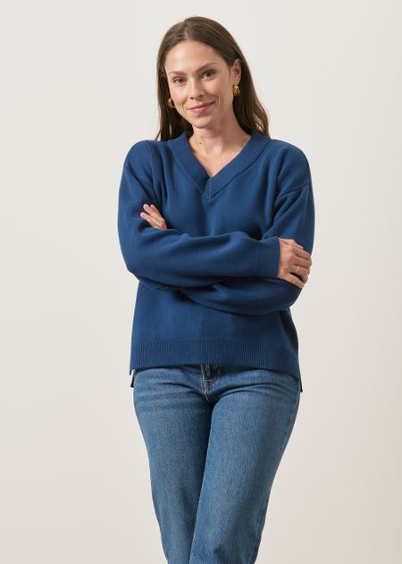 Pull interlock col v en coton bio | marine, WeDressFair, photo 6
