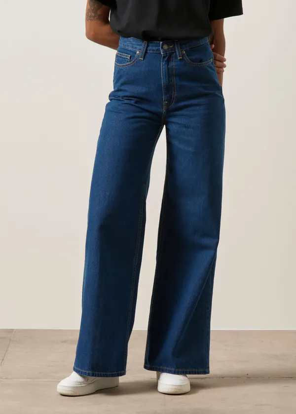 Jean wide leg en coton bio et recyclé | bleu foncé "sara high loose stone indigo", Mud Jeans