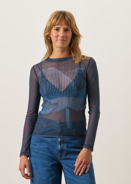 Top manches longues transparent en polyester recyclé | bleu "Lotus print navy tere top - navy" - Thinking Mu