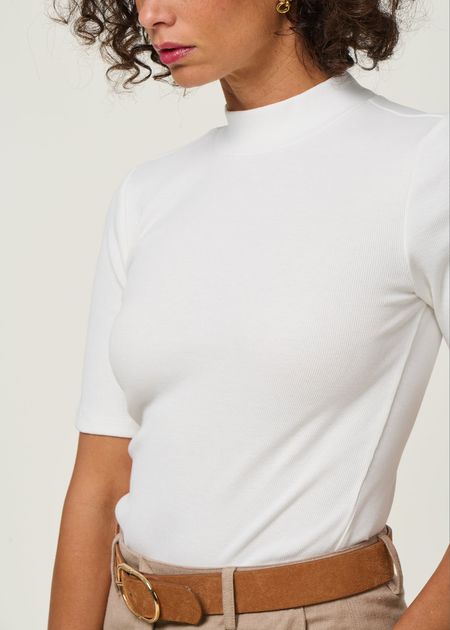 T-shirt côtelé en coton bio | blanc "rib high neck short sleeved star white" - Knowledge Cotton Apparel