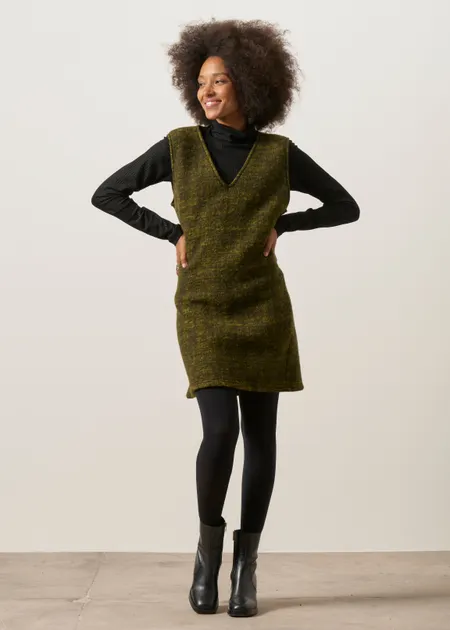 Robe chasuble en laine et coton bio | vert "V-neck dress wool-blend - speckled green", Rotholz