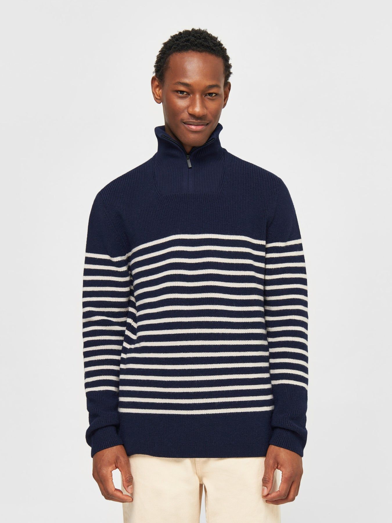 Pull col camionneur en laine bio | marine "1/2 neck zip merino wool rib knit blue stripe", Knowledge Cotton Apparel, photo 1