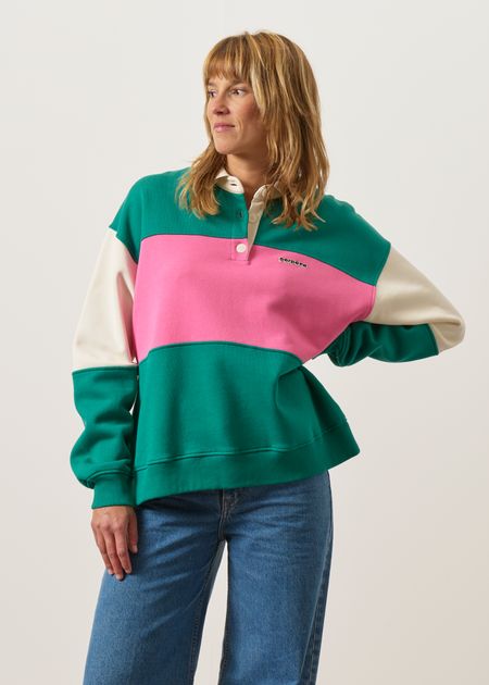 Sweat polo en coton bio | tricolore "linda vert"