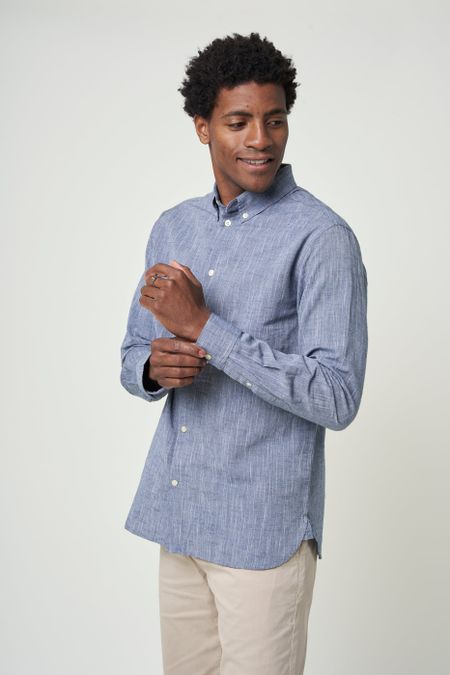 Chemise bleu chiné en coton et lin bio - custom fit linen total eclipse, Knowledge Cotton Apparel, photo 4